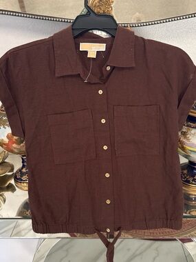 Michael Kors Men's Brown Short Sleeve Button-Front Shirt